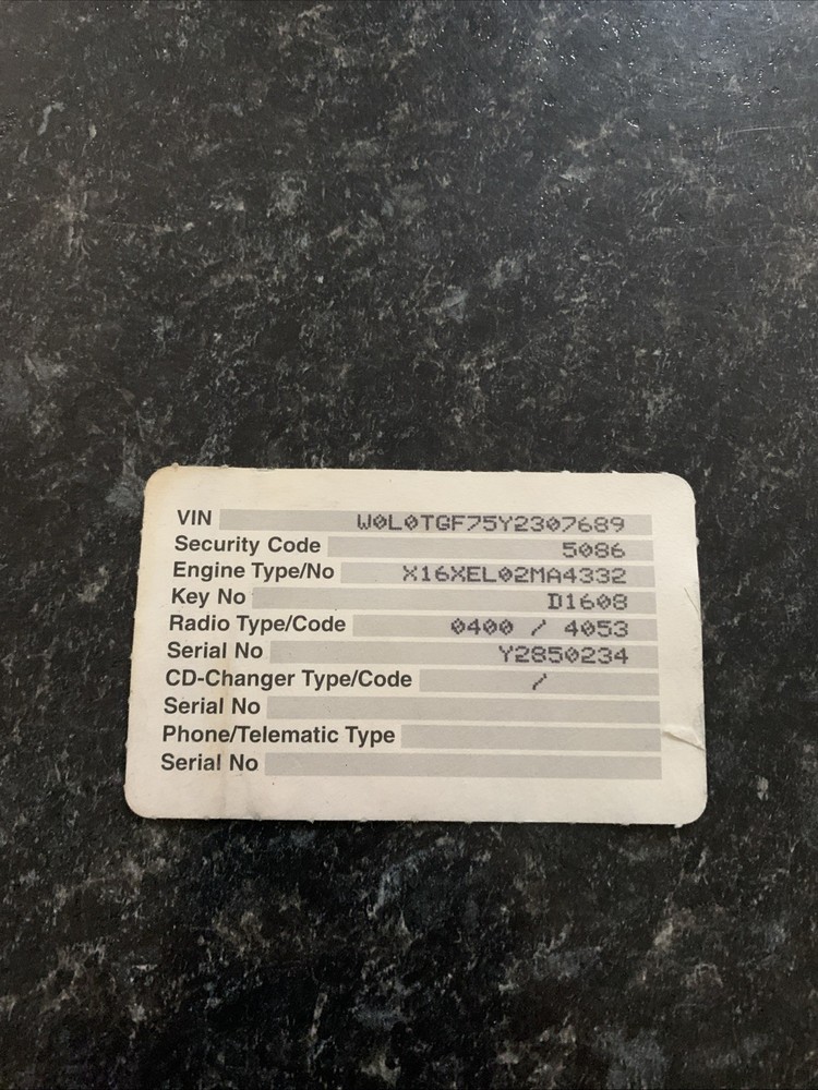 Vauxhall Security Code Card Used Collectible Rare Old Vintage