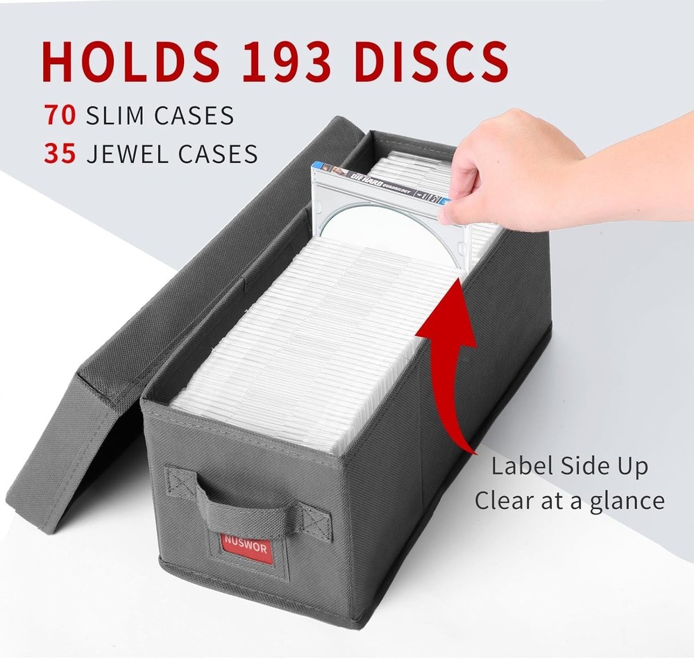 Sleek 4 Pack CD Storage Boxes - Stackable Organizer with Lid, 140 Jewel Cases