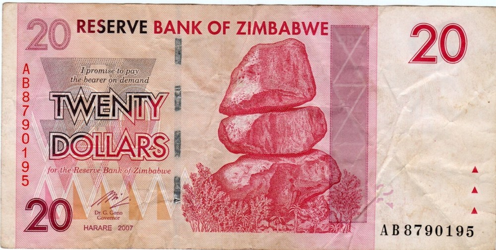Banknote Zimbabwe 20 Dollars 2008 P68