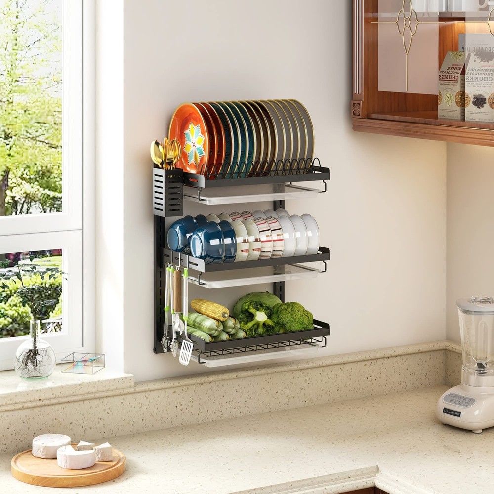 PUSDON 3 Tier Wall Mounted Dish Drying Rack, Black Rustproof Hanging Dish Dra...