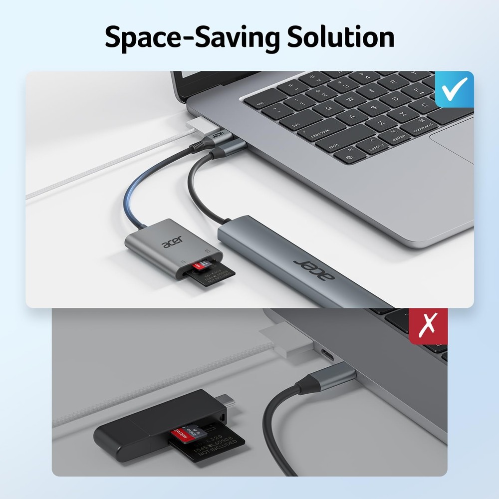 Acer SD Card Reader USB C, Dual Slots Type C to Memory Reader, Grey