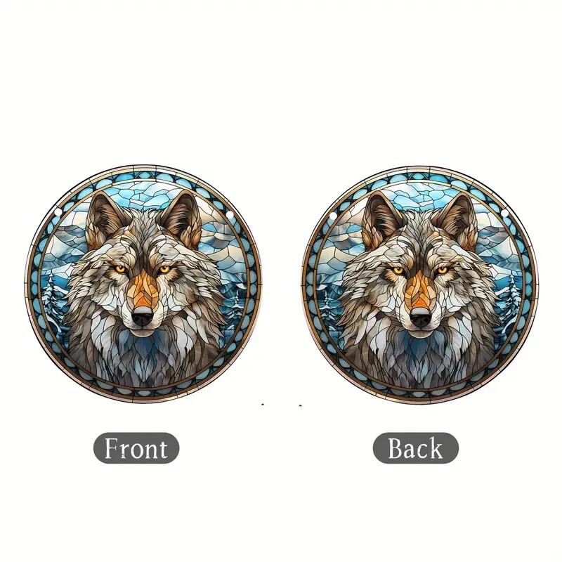 Tiled Effect Wolf Face Suncatcher Double Sided Round Dyed Acrylic Decor