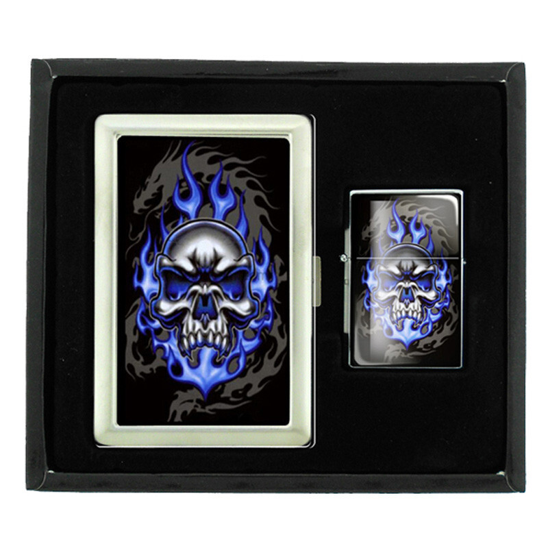 SKULL D15 CIGARETTE CASE / WALLET & LIGHTER GIFT SET