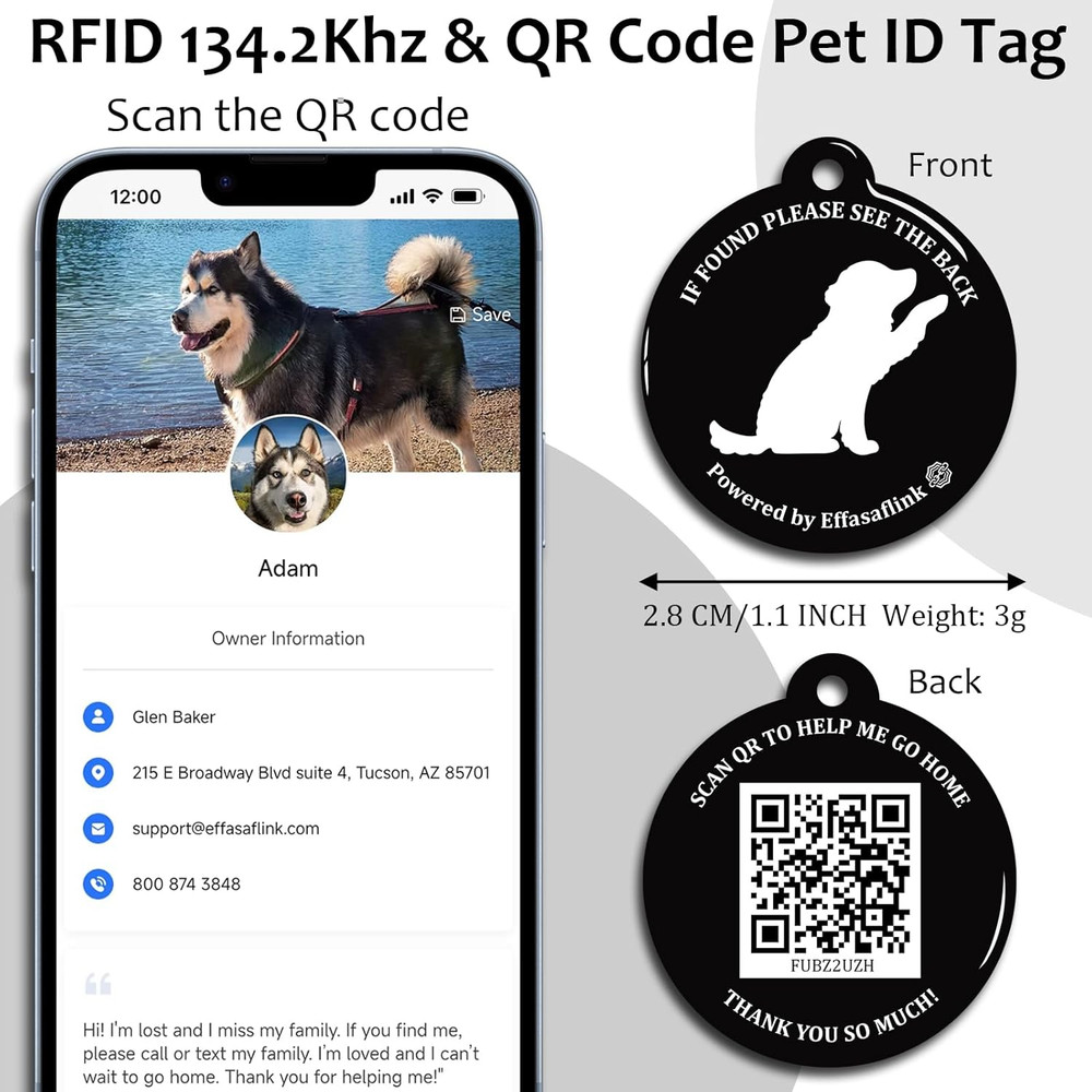 RFID 134.2Khz & QR Code Pet ID Tag, Collar Tag, Dual Function - Scan QR for Help