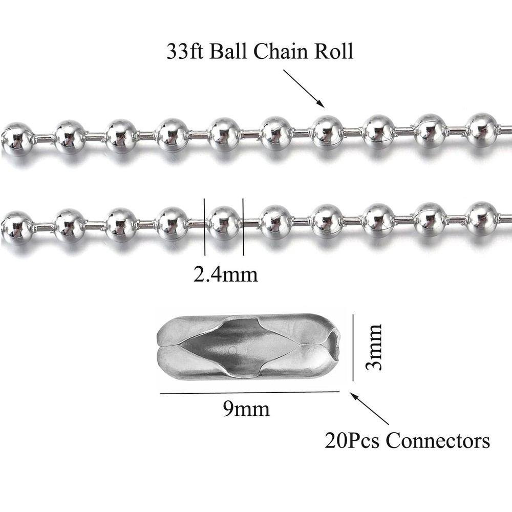 33ft Silver Ball Chain 2.4mm Pull Stainless Steel Bead