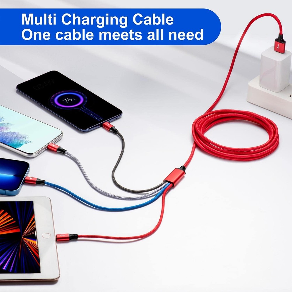 Multi Charging Cable,10Ft 2Pack Fast Cord, 10 feet, Red