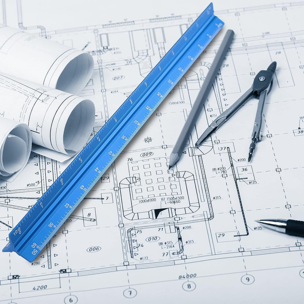 12 Inch Aluminum Engineer Scale Ruler Triangular Drafting Tool Blue Imperial