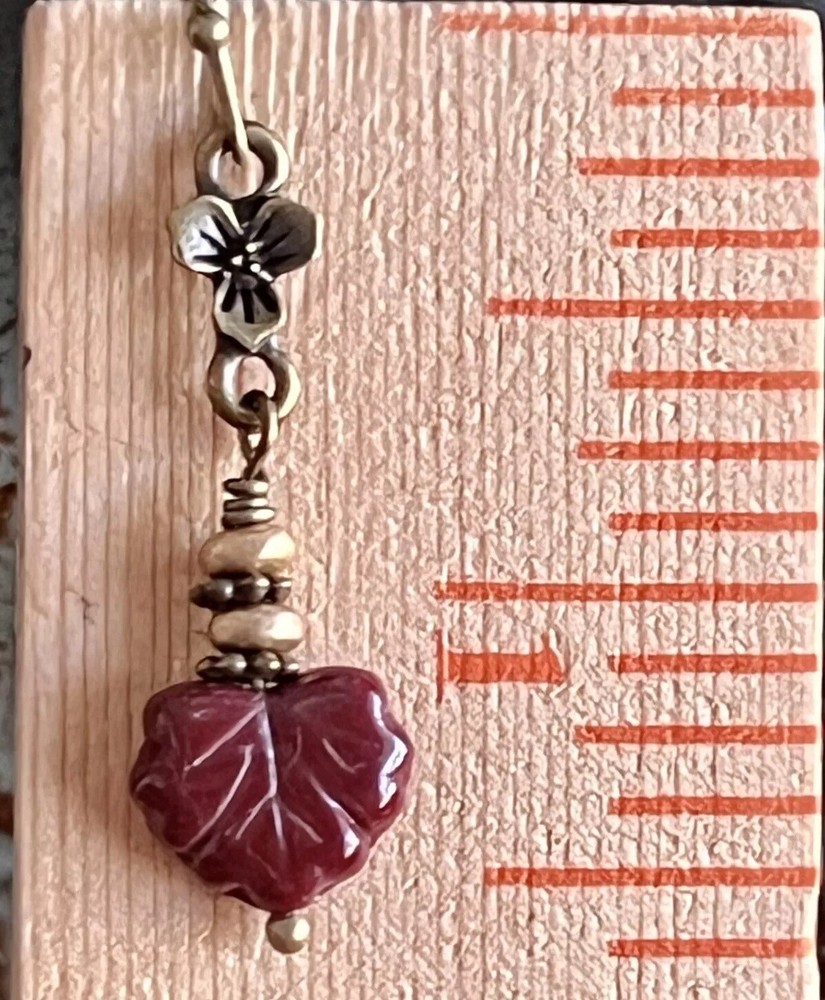 Bronze with Burnt Red Leaf Dangle Earrings. Fall. Nature.