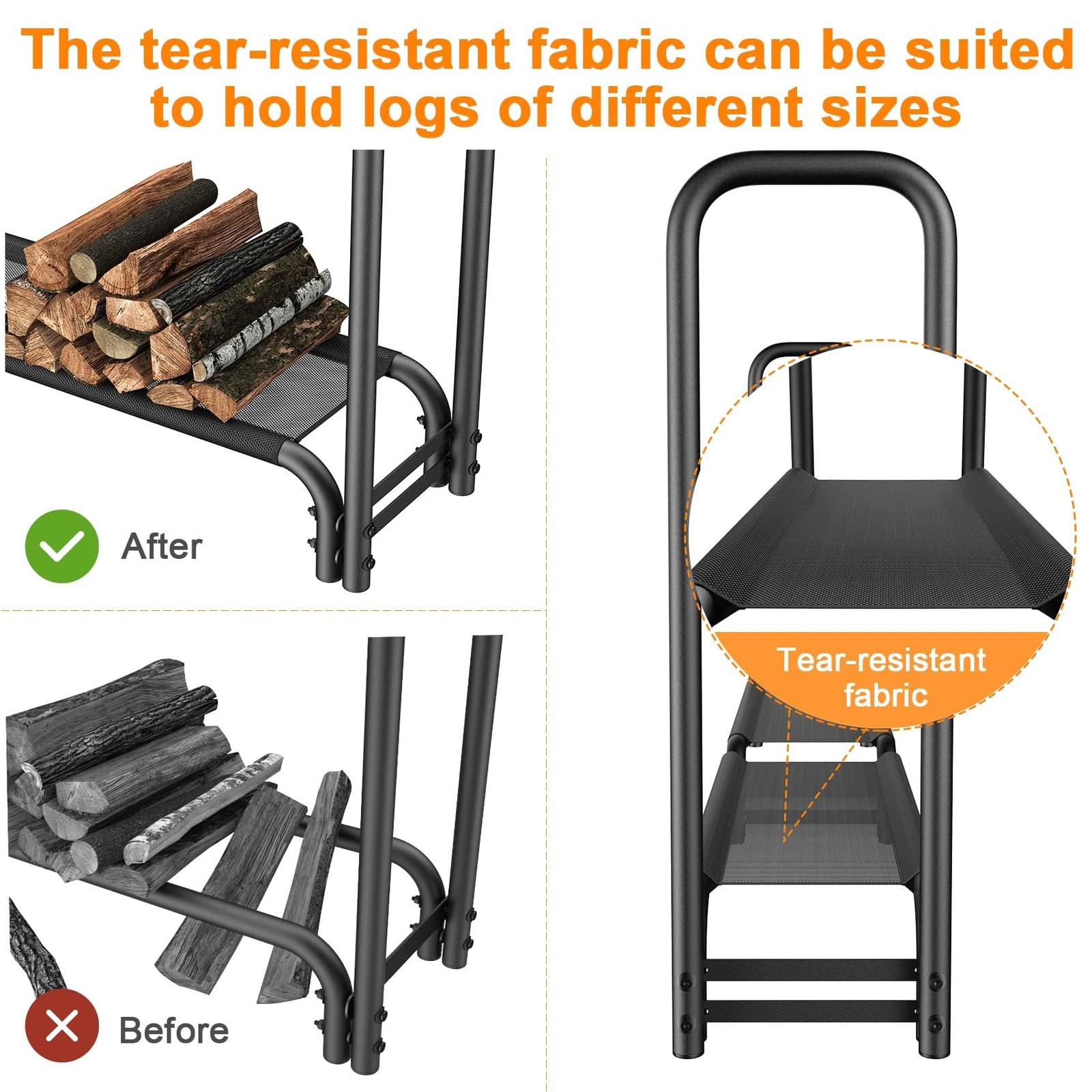 8FT Firewood Rack Outdoor with Fabric Mesh for Storing Logs of Various Size, ...