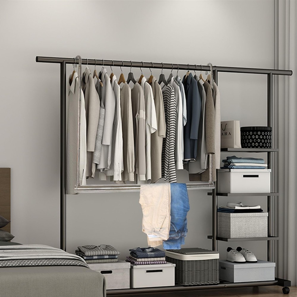 Closet Hanging Rod, Adjustable Width and Height Space-Saving Clothes Hanging ...