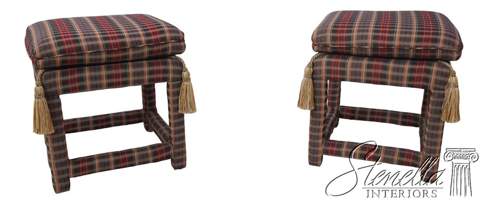 69619: Pair Custom Upholstered Plaid Print Upholstered Square Stools