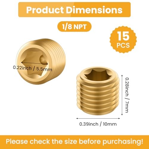 15 PCS Brass Pipe Plug Fitting Kit, Internal Hex Thread Socket Pipe 1/8” NPT