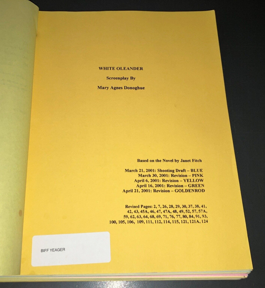 WHITE OLEANDER (4/21/01) Lohman/Pfeiffer/Wright / Kaminsky Rainbow Draft +COA!