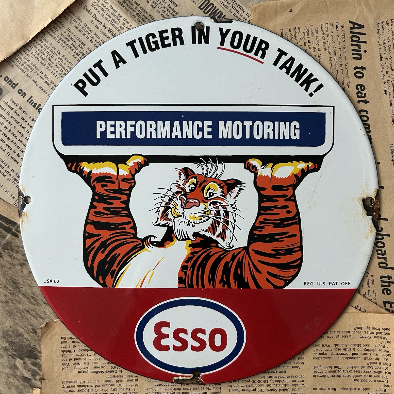 VINTAGE 1962 ESSO TIGER PERFORMANCE MOTORING 12 INCH PORCELAIN ENAMEL SIGN