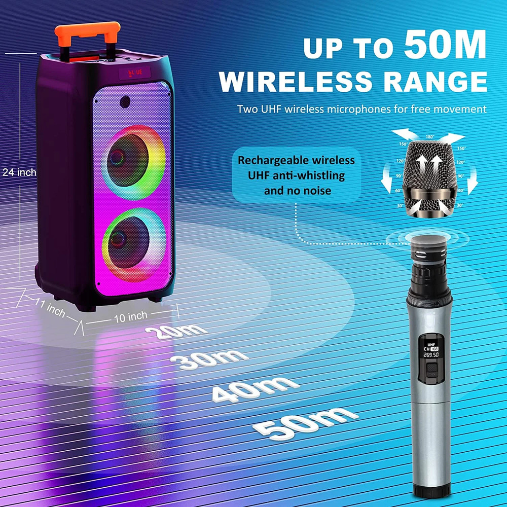KARAOKE MACHINE 2 Microphone Wheels Trolley Bar Subwoofer Bluetooth Speaker