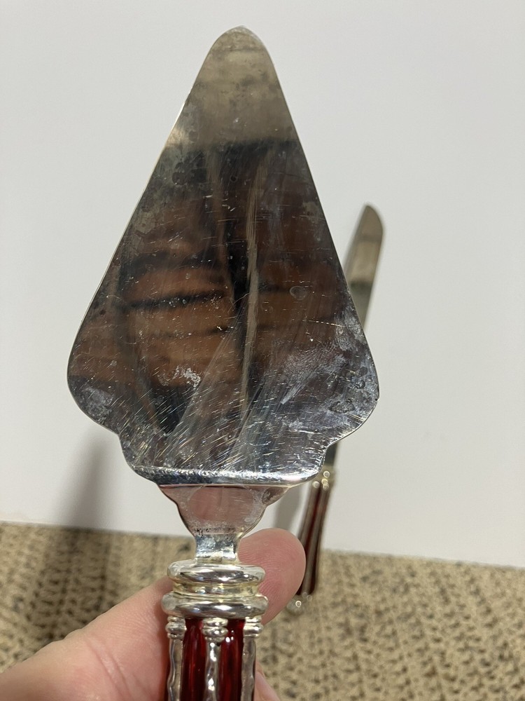 Silver Plated Dessert Set-Knife & Server w/Ruby Red Glass & Silver Accent Handle