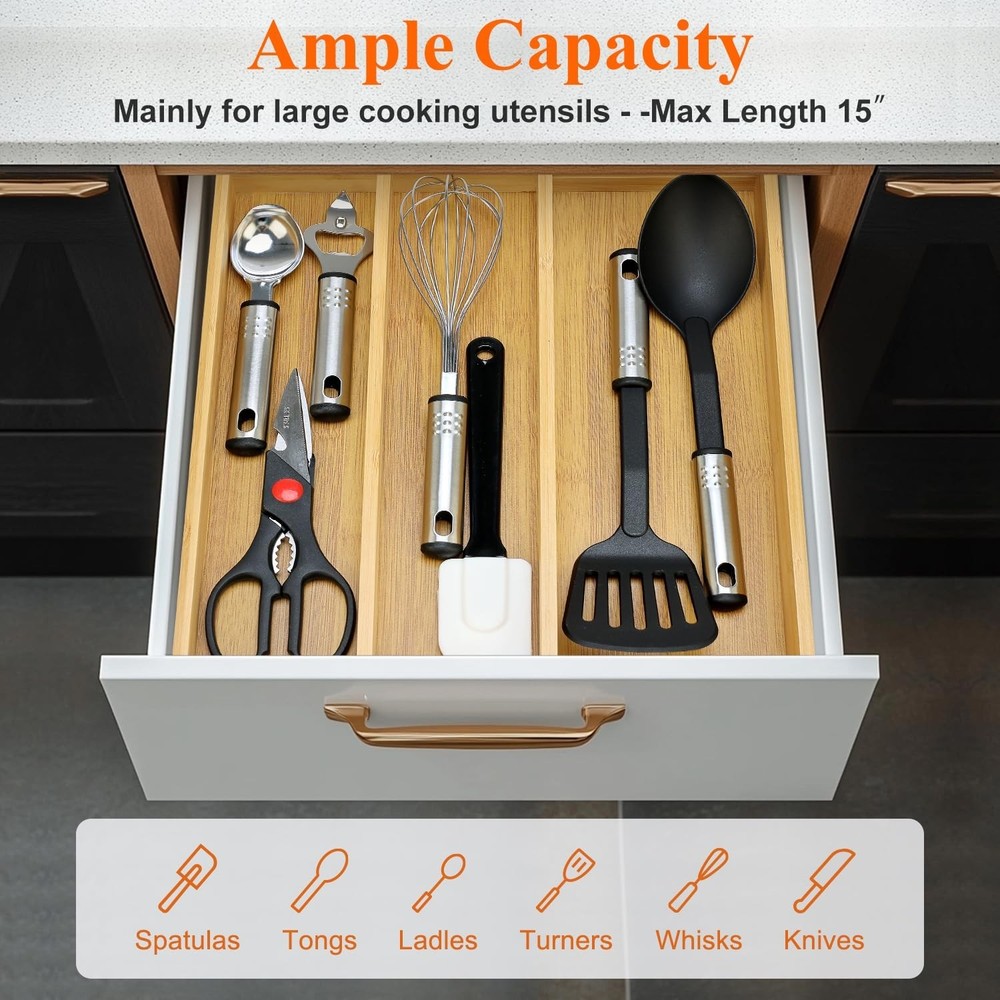 Large Bamboo Silverware Drawer Organizer Tray Kitchen Tool Drawer Divider Org...