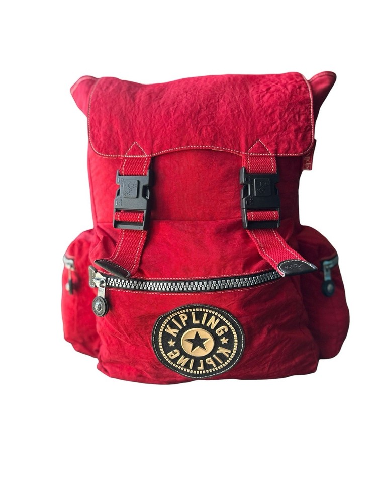 VTG 90’s Kipling Red Nylon Backpack Large Flap Buckle Drawstring Padded Back