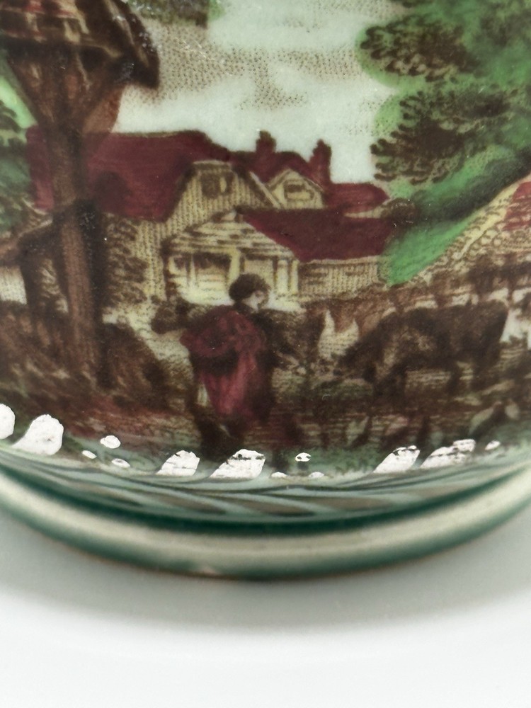 Rare Silver Overlay Pastoral Scene Poly Brown Transferware Cup