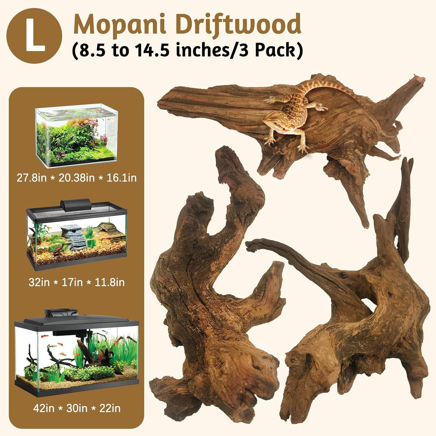 Kathson Natural Driftwood for Aquarium Decor, 3-Piece 9''-15'' Large Driftwood f