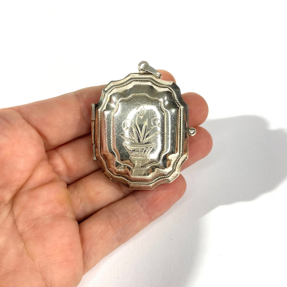 Vintage Solid Silver  Pill Box pendant , Hallmarked Pillbox with florals decor