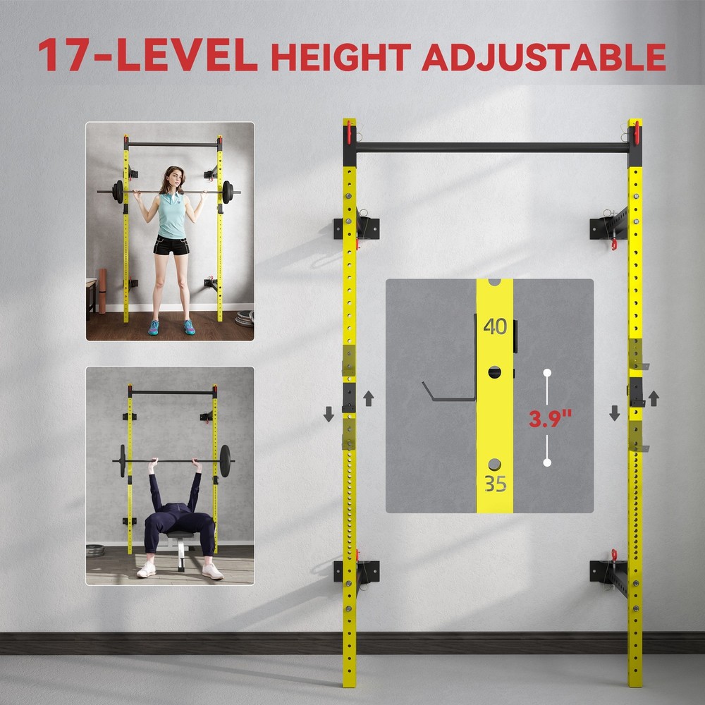 Folding Squat Rack with Pull Up Bar Wall Mounted and Adjustable Power Rack