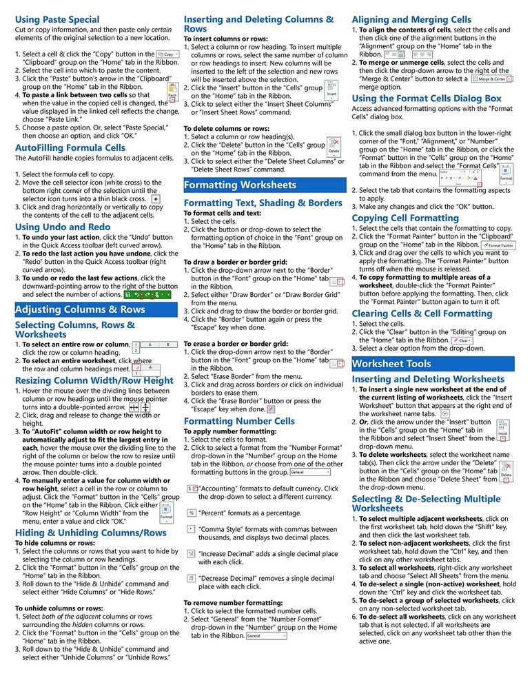 Excel 2016 Training Guide Quick Reference Card 4 Page Cheat Sheet Instructions