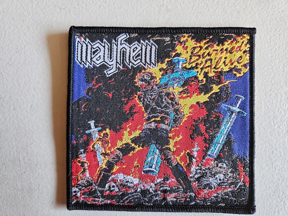 MAYHEM, BURNED ALIVE, SEW ON BLACK BORDER WOVEN PATCH