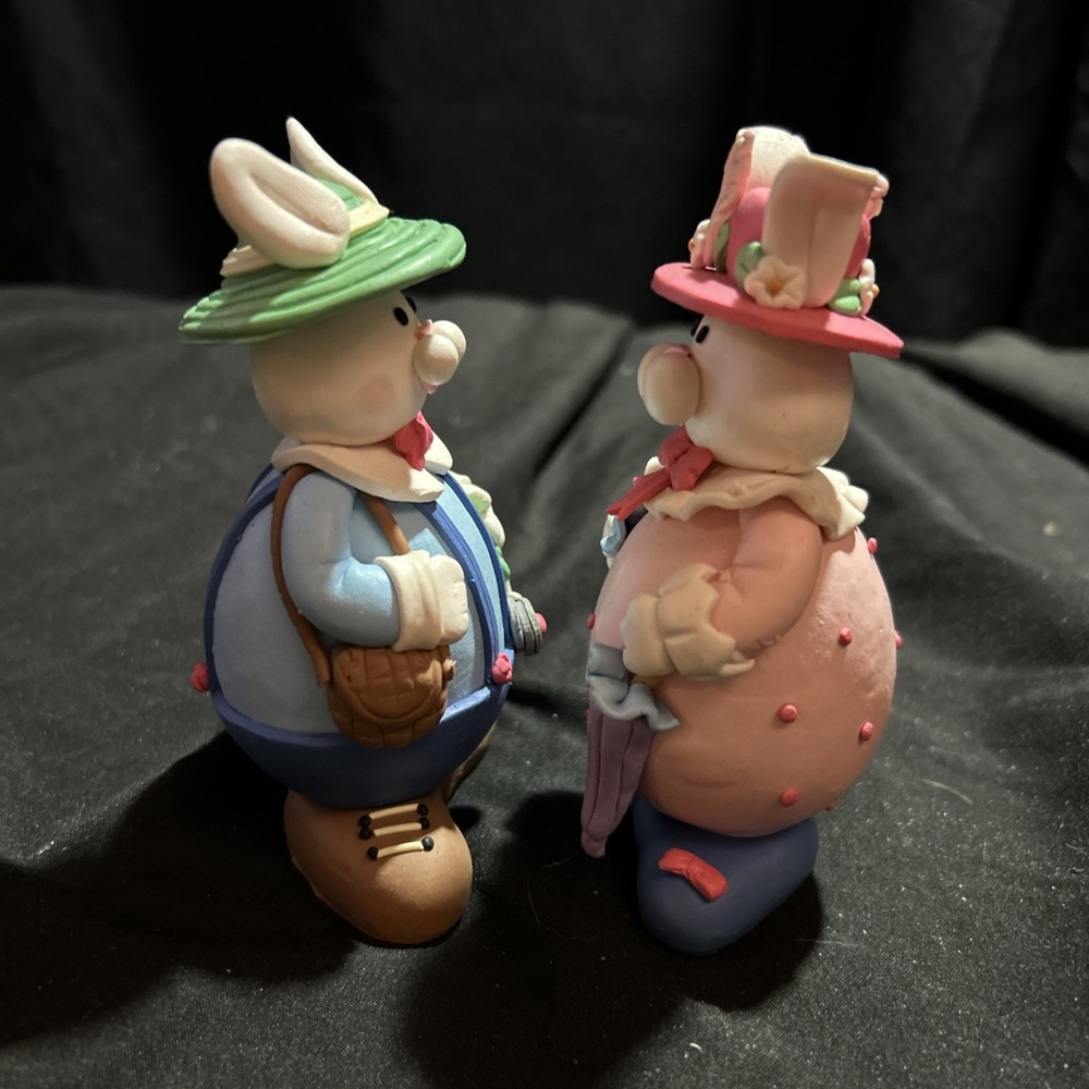 Poly Clay Easter Bunny Figurines 5” Pastel Rabbit Mr. and Mrs. Spring