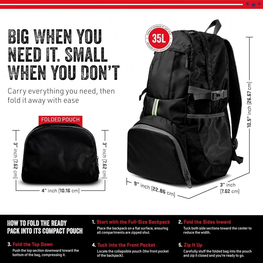 35L Foldable Backpack Lightweight Packable Travel Daypack Water Resistant