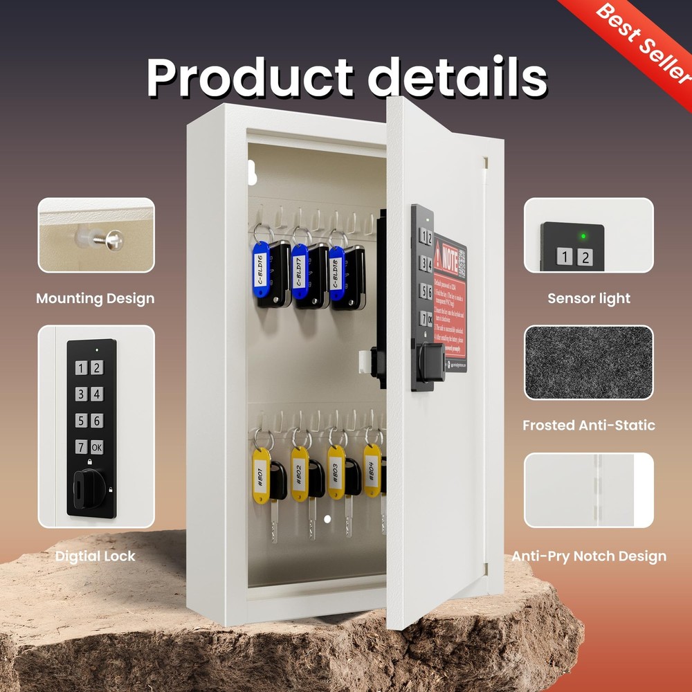 40 Keys Lock Box for Keys with Code, Electronic Key Box Wall Mount Cabinet, P...