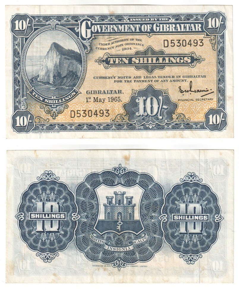 GIBRALTAR 10 Shillings Banknote (1965) P.17 - VF+