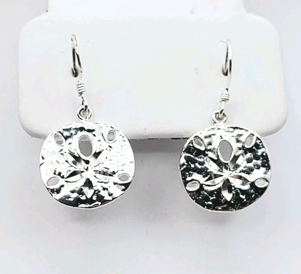 Sterling Silver Sand Dollar Diamond Cut Dangle Drop Beach Earrings French Wire