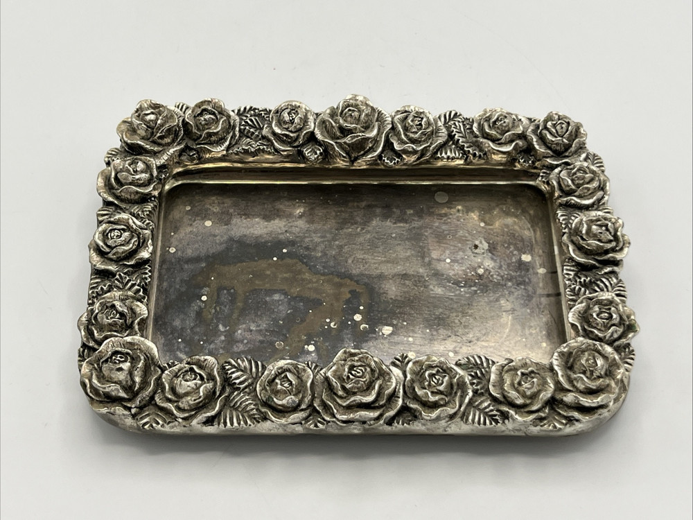 Silver Plate Tray Dimensional Roses 7 1/2" x 6"