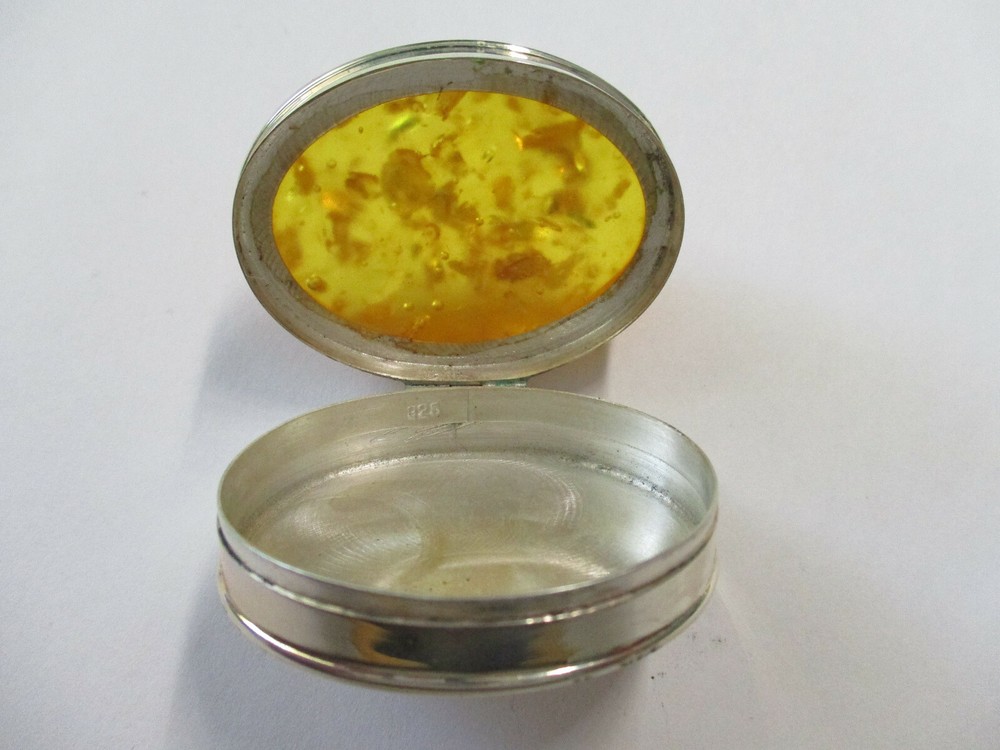 Sterling silver pill box yellow Umber Resin on top solid 925 silver oval shape