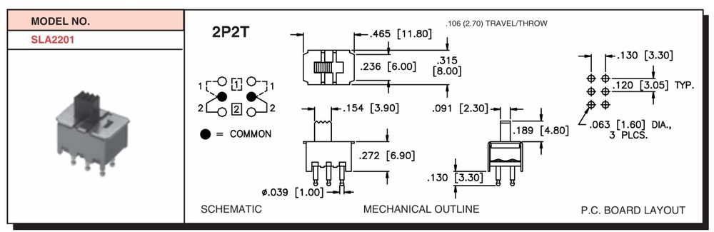 ALCO SLA2201 DPDT Small Slide Switch PCB Mount