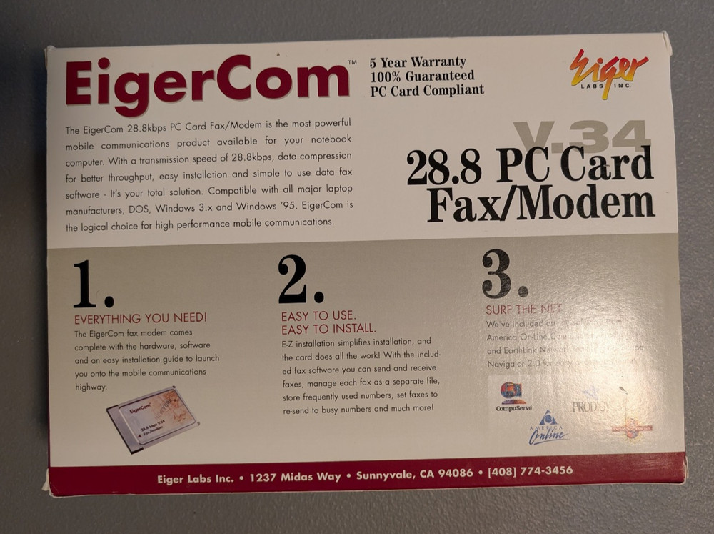 EigenCom PC Card 28.8K modem with box and materials in excellent condition