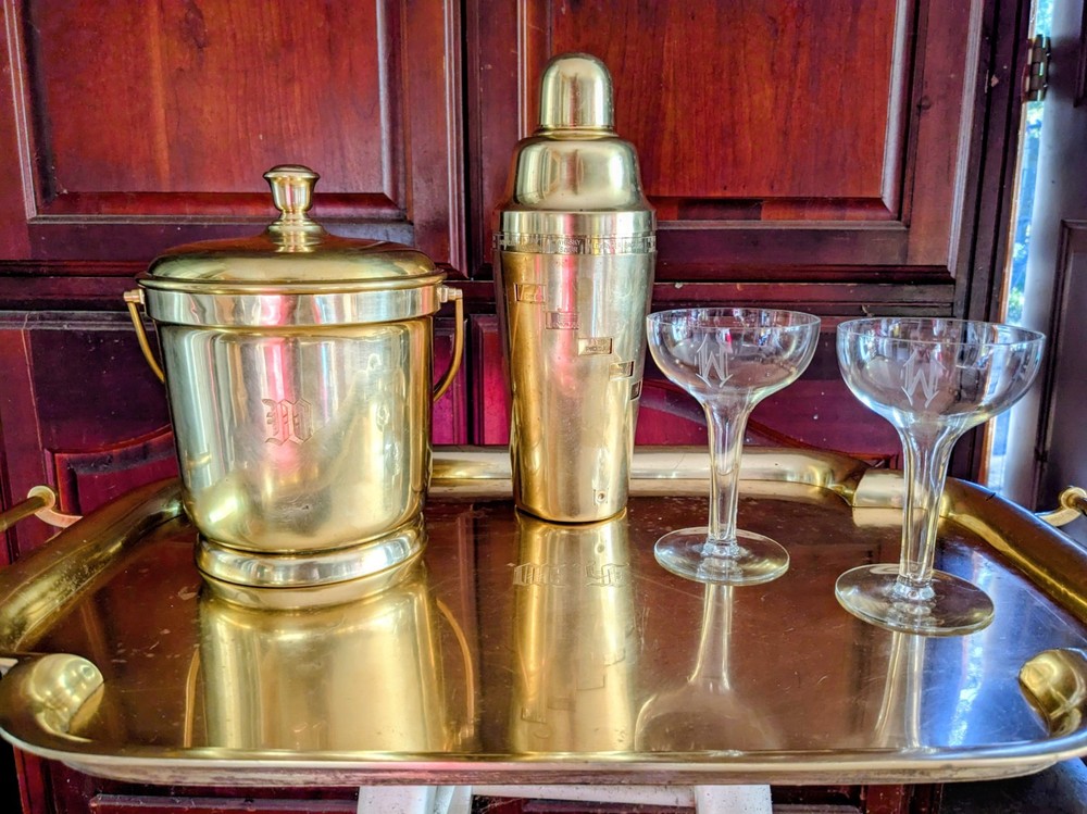 1930s Art Deco Bar Set Solid Brass Serving Tray/Ice Bucket/Dial-a-drink Shaker W