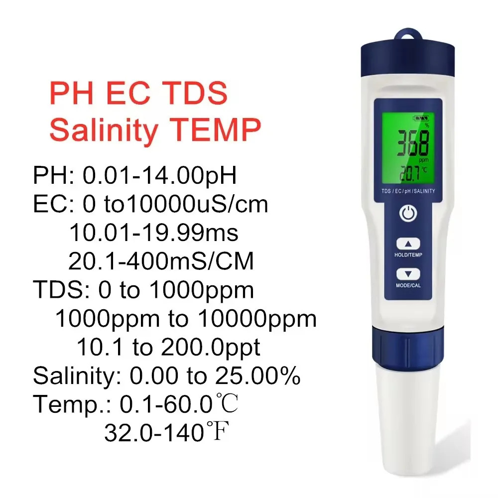 5 IN 1 PH Temperature TDS EC Salinity Meter Digital Waterproof With Automatic Ca