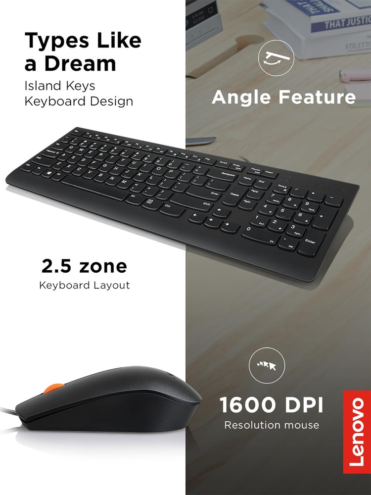 Modern Black Keyboard Mouse Combo Waterproof Ergonomic Design 1600 DPI