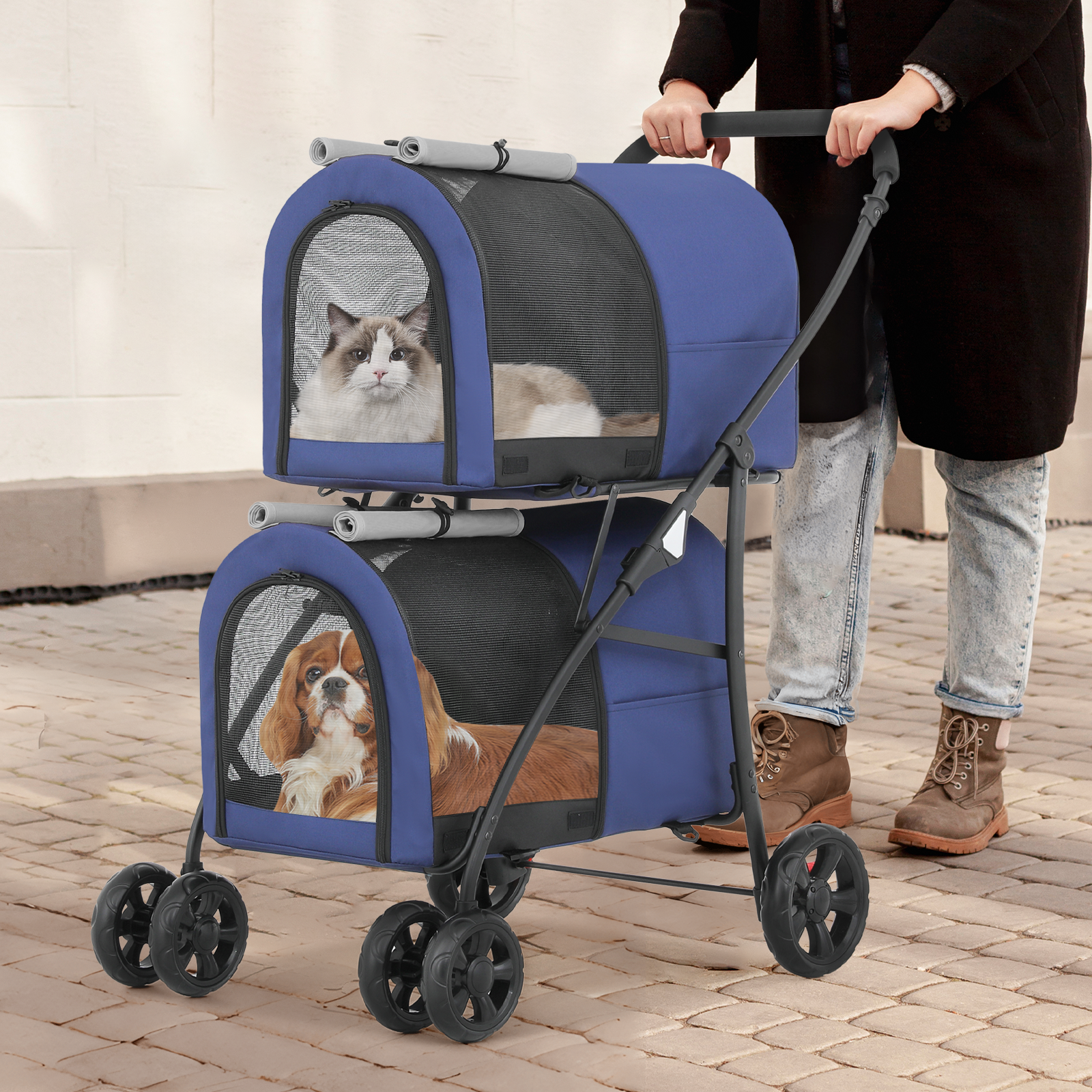 4 Wheels Double Breathable Pet Dog Stroller Folding Cat Cage Pet Travel Carrier