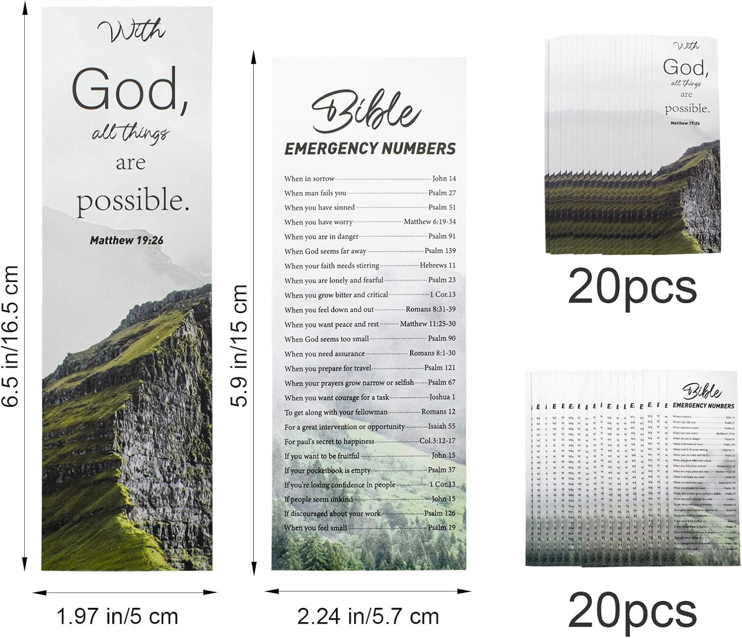 20 Pack Bible Bookmark Set with Emergency Numbers - Large Print for Church Gifts