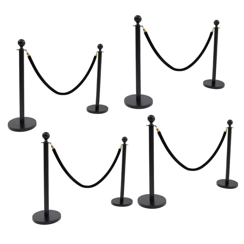 8 PCS Black Stanchion Posts Queue Pole with 4 1.5M Ropes Crowd Control Barrier