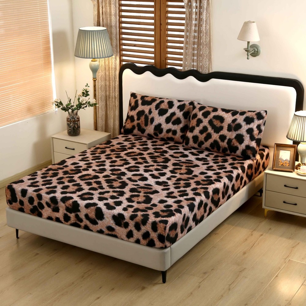 SDY 3PCS Cheetah Print Fitted Bed Sheet Twin，Leopard Print Fitted Sheet D