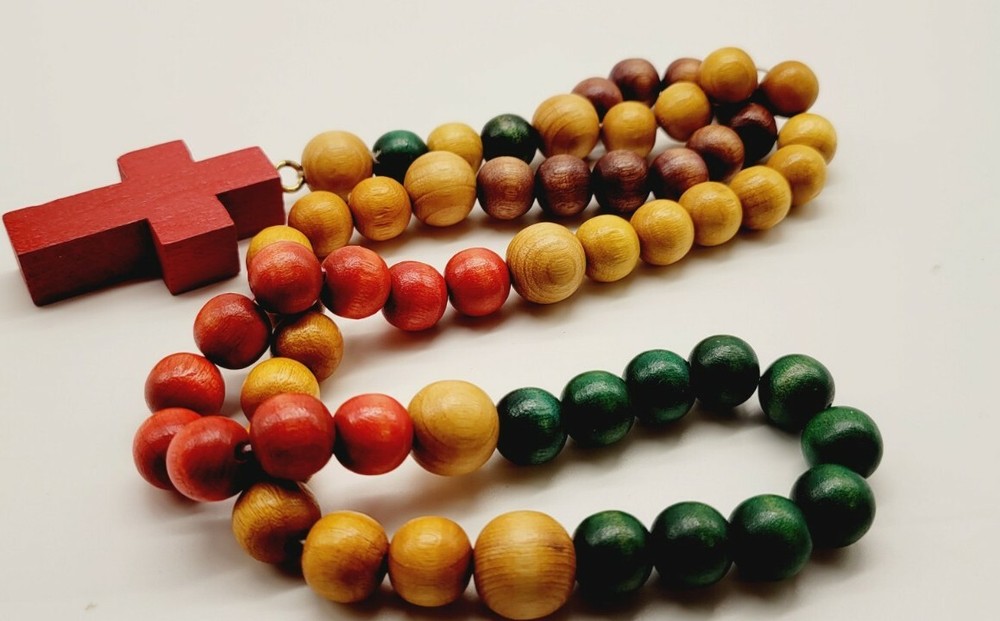 Wood Beaded Rosary Multicolor ROSARY 21" Brown Green Distressed HUGE