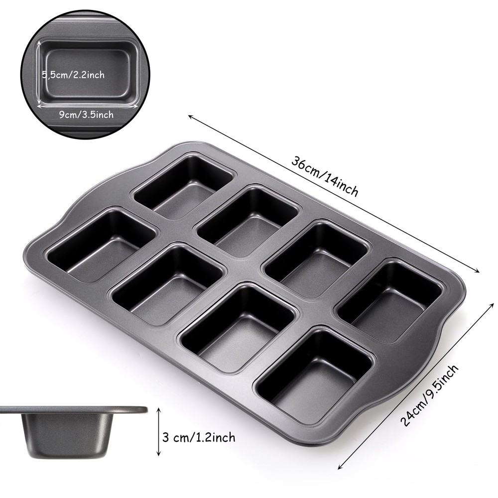 2 Pack 8 Cavity Mini Loaf Pan, Non-Stick Small Bread Loaf Pans, Rectangle Car...