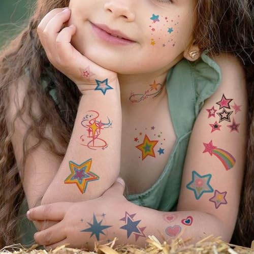 Glitter Stars Temporary Tattoos for Kids - 74 Individually Sheets | Waterproof