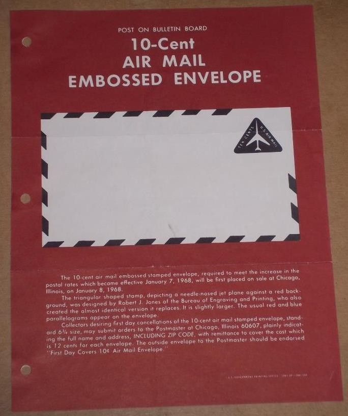 US STAMP POSTER #UC40 10¢ AIR MAIL EMBOSSED ENVELOPE, 1968