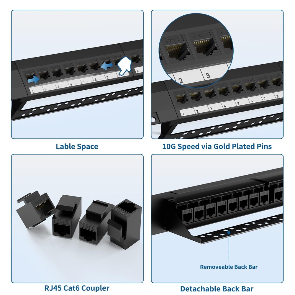 Patch Panel 24 Port Cat6 With Rj45 Passthru Coupler Keystone 1u Network Patch Pa
