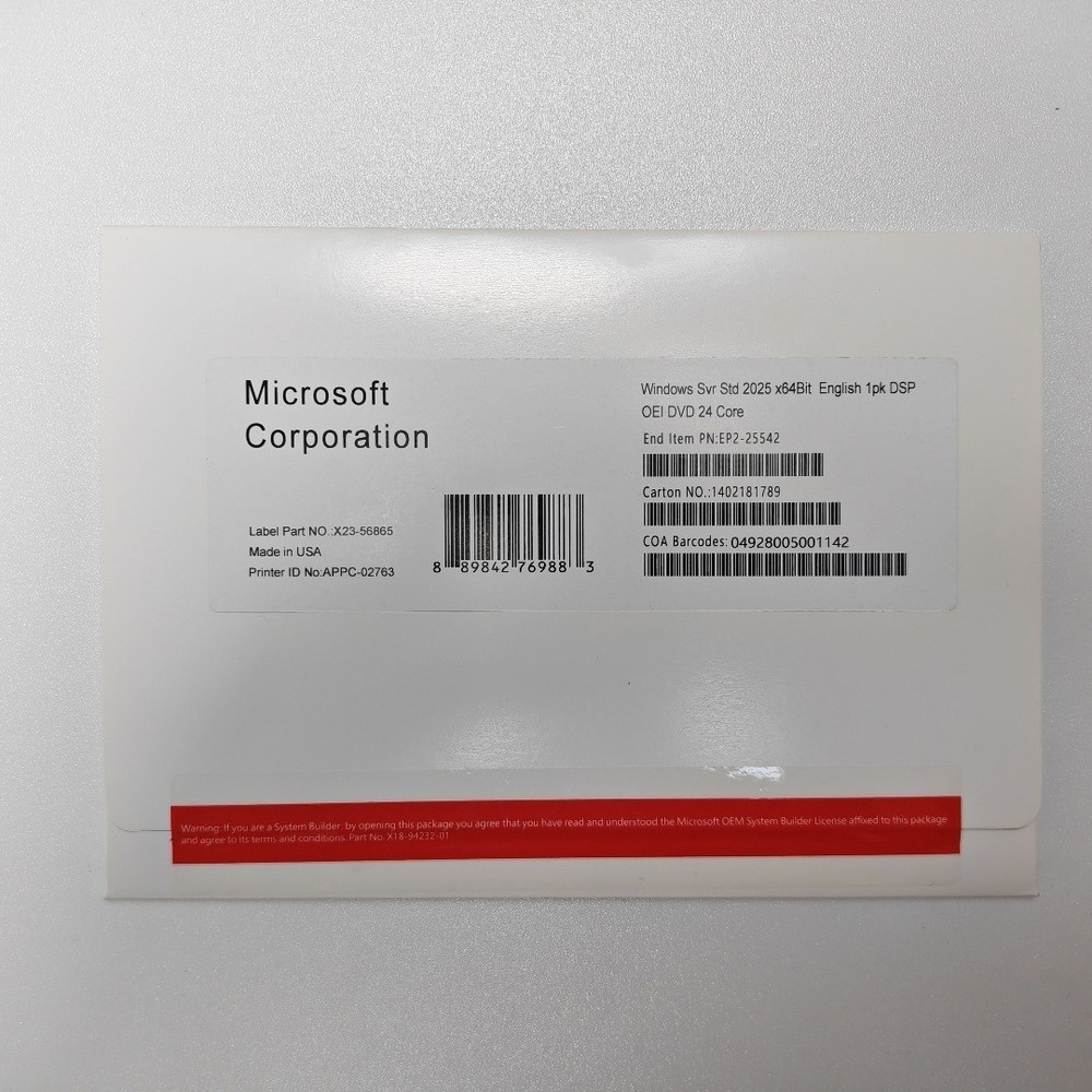 Microsoft Windows Server 2025 Standard 24 Core 64-Bit DVD Edition With Key